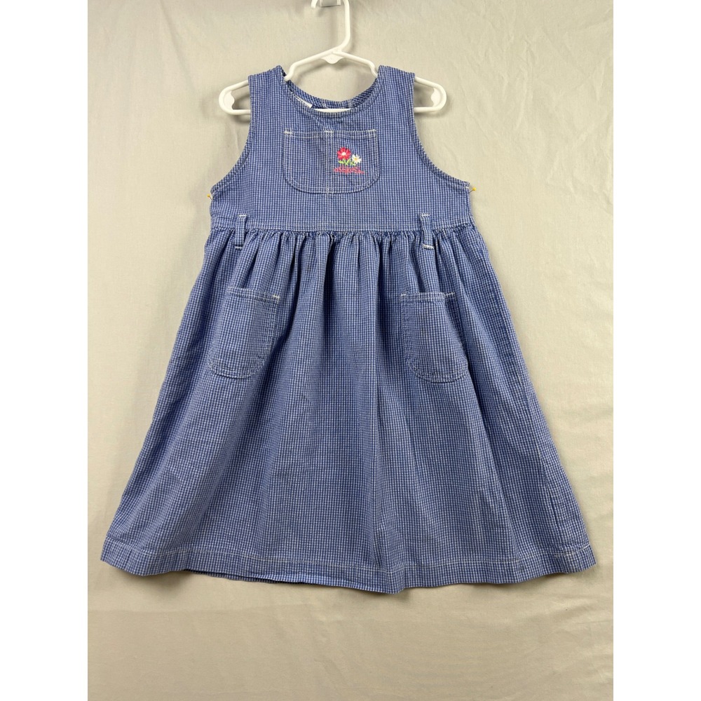 Vintage OshKosh Bgosh Jumper Dress Kids 6X Blue Gingham Floral Embroidery USA